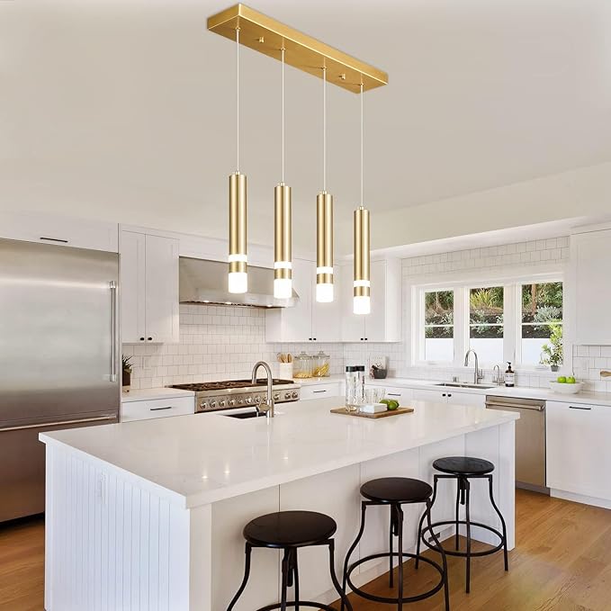 4-Light Dining Room Modern Pendant Light Kitchen Fixture Dimmable LED Gold Pendant Lighting fo Kitchen Island Study Pendant Lights