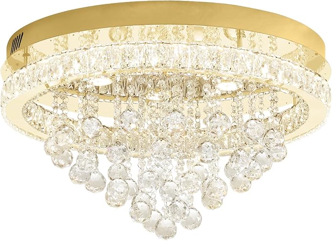24" Modern Crystal Chandeliers for Dining Room Gold Ceiling Chandelier Flush Mount Crystal Ceiling Light for Bedroom Living Room Hallway