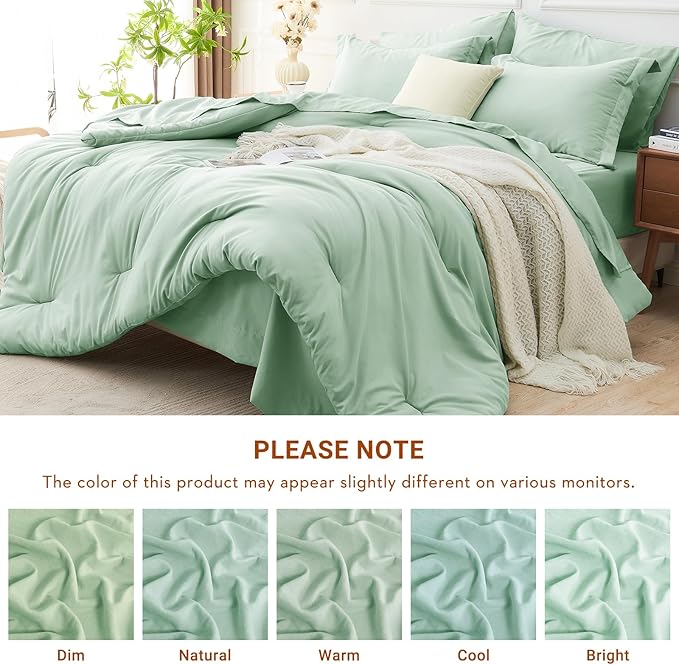 MUXHOMO 5 Pieces Twin Comforter Set, Soft Bed in a Bag Twin Size, All Season Bedding Set with Comforter, Flat Sheet, Fitted Sheet, Pillowcases & Shams, Sage Green