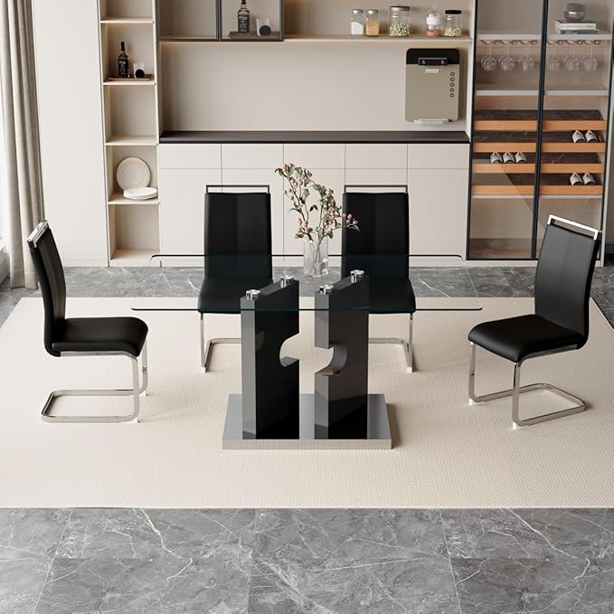 Glass Dining Table Set for 4,5 Piece Dining Table Set, Tempered Glass Table Top and Modern Design MDF Base with 4 PU Leather Ergonomic Dining Chairs