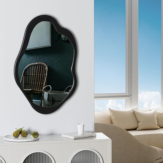 Wavy Mirror with Wood Frame, Modern Decorative Asymmetrical Mirror for Bedroom, Living Room, Entryway (Black, 24x15)
