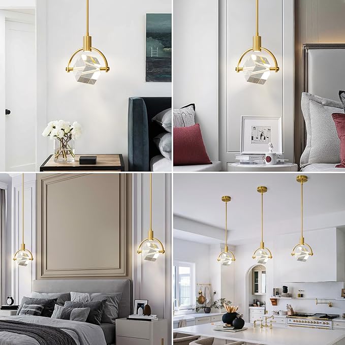 Pendant Ceiling Light Fixture for Kitchen Island, Modern Integrated LED Hanging Light, Crystal Pendant Light in Gold Brushed Brass Finish, Bedroom, Dining Room(1-Lights)