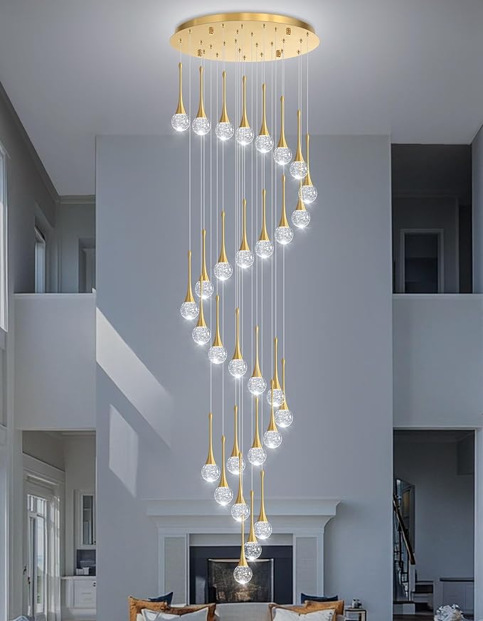 30 Light Modern Glam Crystal Chandelier for High Ceiling LED Dimmable Ceiling Pendant Light Staircase Foyer Enterway Living Room Chandelier Lighting Antique Gold