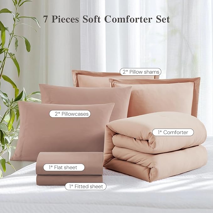 WRENSONGE King Comforter Set, 7 Pieces Clay Pink Soft Bed in a Bag King with Fitted Sheet, Flat Sheet, 2 Pillow Shams, and 2 Pillowcases- Warm Bedding Set for All Season