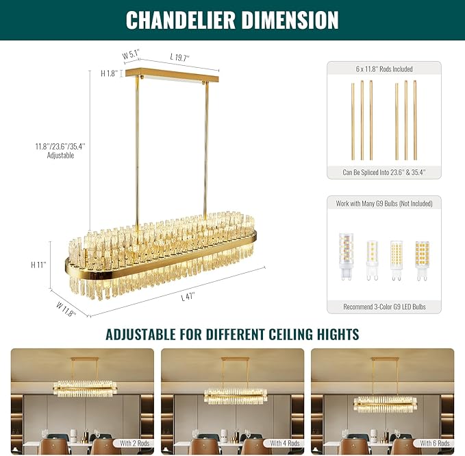 Siljoy Modern Crystal Chandelier Gold Rectangular 2-Tiers K9 Crystal Raindrop Chandelier Luxury Oval Crystal Ceiling Light Fixture for Dining Room Living Room Kitchen Bar L47'', G9 x 28