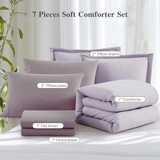 WRENSONGE Queen Comforter Set - 7 Pieces Lilac Soft Bed in a Bag Queen with Sheets, 2 Pillow Shams, and 2 Pillowcases- Warm Bedding Sets for All Season