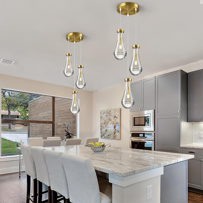 Raindrop Pendant Lights Kitchen Island Teardrop Gold Hanging Light Fixtures Clear Solid Glass Pendant Light Modern Chandeliers for Dining Room Porch Corridor Living Room(3-Light)