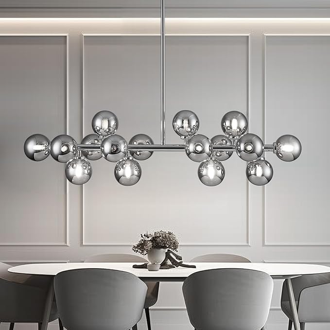 Glass Globe Sputnik Chandelier, 16-Light Mid Century Modern Light Fixture Over Table, Linear Chandeliers for Dining Room, Kitchen Island, Chrome and Smoke Grey Bubble, 40 Inch, GC-02