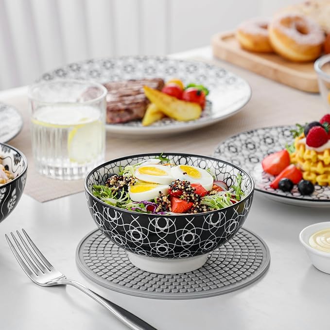 vancasso Haruka 12 Pieces Plates and Bowls Set, Ceramic Dinnerware Sets for 4, Black and White Porcelain Dishes Set