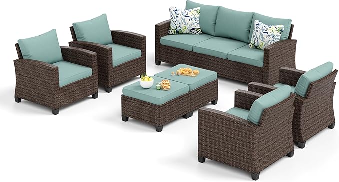 Patio Furniture Set Outdoor Furniture Brown Wicker Rattan Patio Conversation Sets with Cushion Outside Sofa Set,7 Pieces 9 Seats,Blue