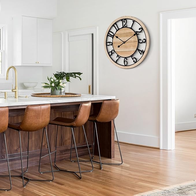 LEIKE 24 Inch Large Wall Clock - Rustic Wooden Silent Non-Ticking Wall Clock with Black Metal Frame, Vintage Farmhouse Decorative for Living Room, Bedroom, Kitchen - Arabic Numerals, Modern Design