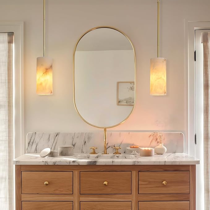Alabaster Pendant Lights Kitchen Island, Brass Marble Pendant Lighting, Gold Modern Pendant Lights Fixtures for Bedroom Bathroom Living & Dinning Room(Include E12 Bulb)