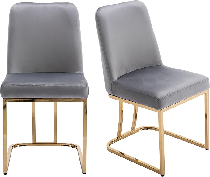 VESCASA Velvet Upholstered Dining Chairs with Back, Mid Century Modern Dining Chairs with Gold Metal Frame for Dining Room, Restaurant, Kitchen, Set of 2, Grey