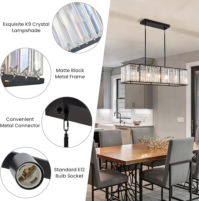 Siljoy Modern Rectangular Crystal Chandelier, 5 Lights Black Rectangle Raindrop Chandelier Lighting, Industrial Linear Pendant Ceiling Light Fixture for Dining Living Room Kitchen Island L33.5''