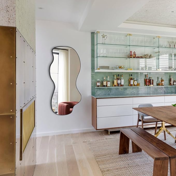 POZINO Irregular Wall Mirror, Asymmetrical Mirrors Decorative, 47.2"x21.6" Large Wavy Shaped Mirror, Modern Frameless Wall Mirrors for Living Room Bathroom Bedroom Hallway Entryway Fireplace