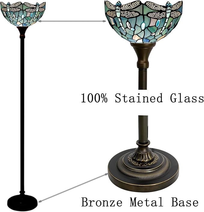 Tiffany Floor Lamp Sea Blue Torchiere Stained Glass Dragonfly Style Torch Lamp 12X12X67 Inch Antique Standing Corner Light