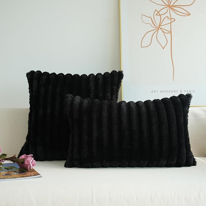 JOJUSIS Pack of 2 Faux Fur Plush Decorative Throw Pillow Covers Couch Cushion Case Soft Pillowcases (Black, 12 x 20-Inch)