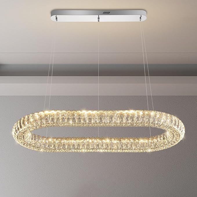 Oval Crystal Chandelier, 40'' Chrome Crystal Ring Pendant Light for Kitchen Island Modern Linear Oval Chandeliers for Dining Room Dimmable 3000K-6000K