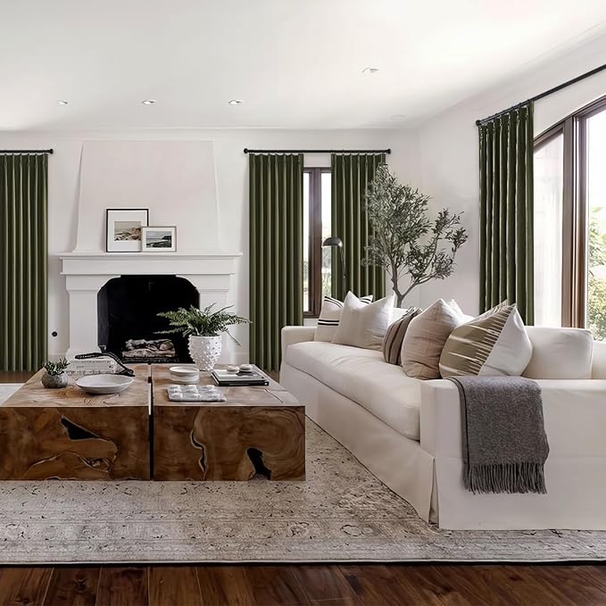 Topfinel Olive Green 105 Inches Long Custom Black Out Faux Thick Linen Curtains, Pinch Pleated Heat Reflective Curtains with Pin Hooks, Luxury Lined Back Tab Drapes 2 Panels for Living Room