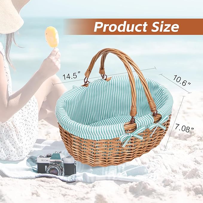 G GOOD GAIN Oval Picnic Basket with Folding Handles, Willow Hand Woven Shopping Basket, Bath Toy Kids Toy Storage Gift Packing Basket, Wicker Empty Easter Eggs and Candy Small Gift Basket.Green