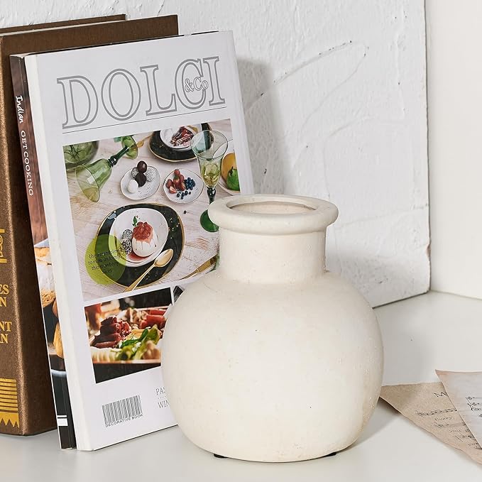 SIDUCAL Ceramic Rustic Farmhouse Vase | 6 Inch Pottery Decorative Boho Flower Vase for Home Decor, Table, Living Room, Bathroom Decoration, Shelf Decor, Mantel, Wedding, White