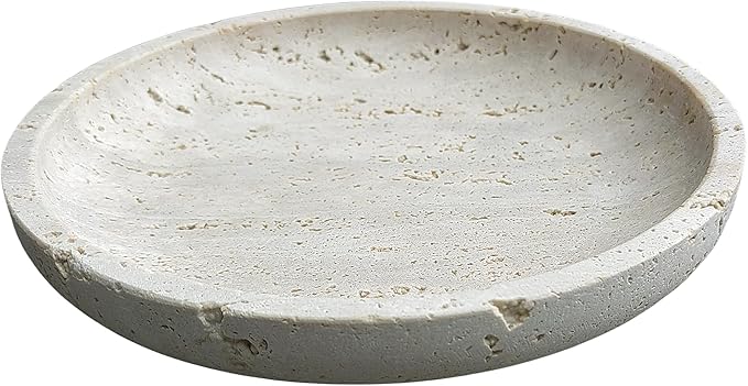 Natural Travertine Round Decorative Tray - 8-inch Beige Stone Vanity Bowl, Anti-Slip Organizer Plate for Bathroom, Kitchen, Home Décor, Candles, Jewelry Display, 3/4-inch Height