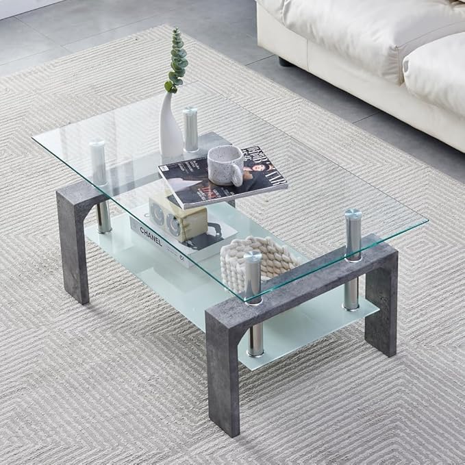 Living Room Rectangle Coffee Table, Tea Table Suitable for Waiting Room, Modern Side Coffee Table with Wooden Leg, Glass Tabletop with Lower Shelf,Grey Marble