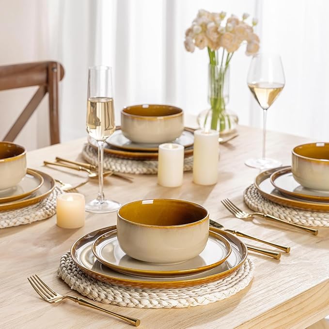 LERATIO Ceramic Dinnerware Sets for 8,Plates and Bowls Sets,Reactive Glaze Dishes Set,Highly Chip and Crack Resistant | Dishwasher & Microwave & Oven Safe Dishes set,Service for 8-Kahki (24pc)