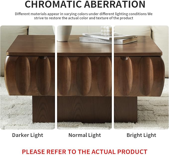 31" Lift Top Coffee Table for Living Room, Fluted Coffee Table with Hidden Storage Compartment, Mid Century Modern Solid Wood Veneer Square Center Table for Office Apartment Small Space, Walnut