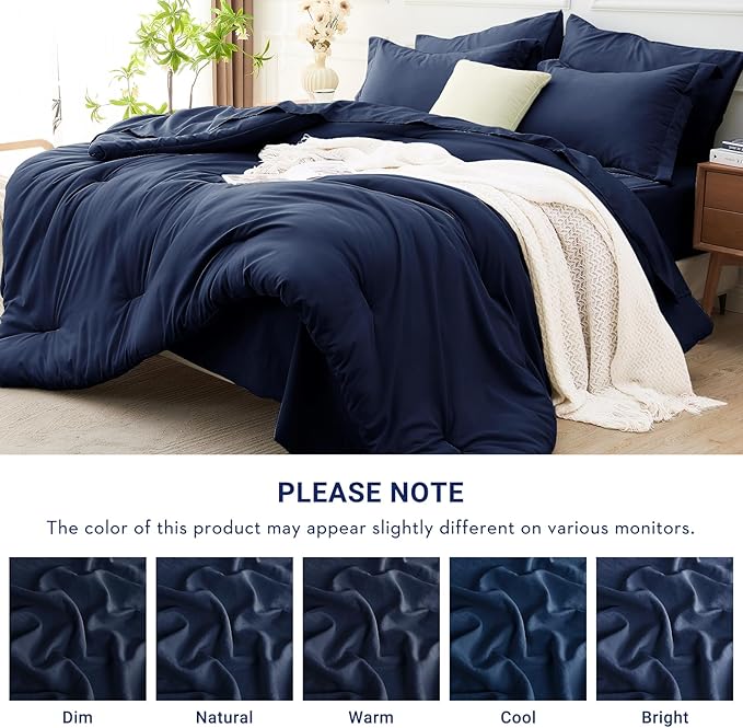 MUXHOMO 7 Pieces King Comforter Set, Soft Bed in a Bag King Size, All Season Bedding Set with Comforter, Flat Sheet, Fitted Sheet, Pillowcases & Shams, Navy Blue