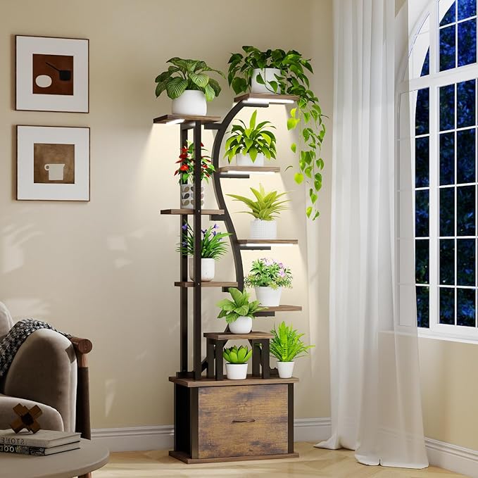 Plant Stand Indoor with Grow Lights - 9 Tiered Plant Shelf Indoor with Drawer, 65" Corner Plant Stand for Indoor Plants, Lighted Large Plant Stands, Flower Rack Display for Living Room, Garden, Patio