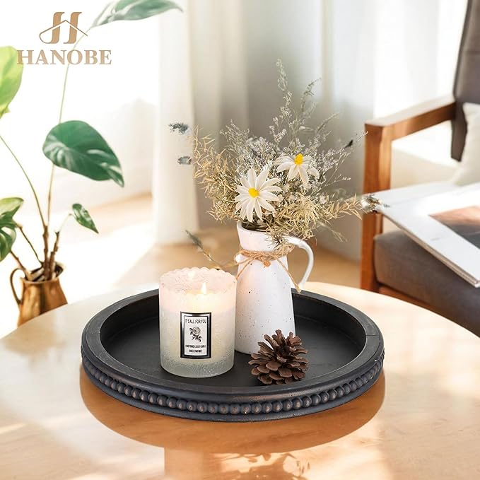Hanobe Decorative Coffee Table Tray: Modern Farmhouse Beaded Round Tray Decor Rich Dark Brown Circle Wooden Ottoman Serving Platter for Centerpieces Kitchen Counter Bathroom