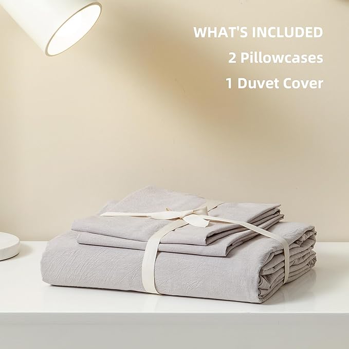 JIYUAN 100% Washed Cotton Duvet Cover Set 2 Pieces Twin, 1 Duvet Cover 68x90 Inches(Comforter Not Included) and 1 Pillowcases,Linen Feel Bedding Set Comfy and Breathable, Heathered Linen