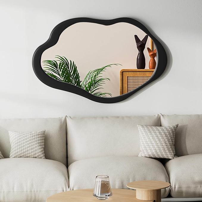 Wavy Mirror, Cloud Mirror, Irregular Wall Mirror with Wood Frame, Modern Decorative Mirror with Hanging Hooks, Asymmetrical Mirror for Bedroom Living Room Entryway (Black, 32×20)