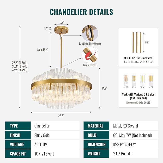 Siljoy 12 Lights Gold Crystal Chandelier for Dining Room, 23.6'' Modern 3-Tiers Raindrop Chandelier with Wave Curved Glass Rods, Luxury Dimmable Crystal Ceiling Light for Living Dining Room Kitchen