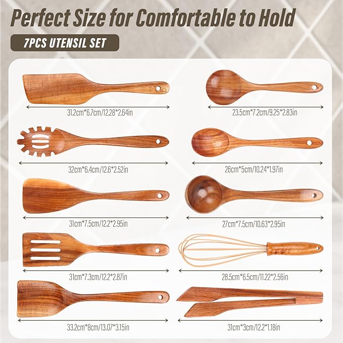 ANBUY Wooden Kitchen Utensil Set, 10 Pcs Wooden Spoons for Cooking, Non Toxic Teak Wood Utensils Set for Serving, Mixing and Frying, BPA Free Wood Spatula, Turner, Ladle, Tongs and Whisk
