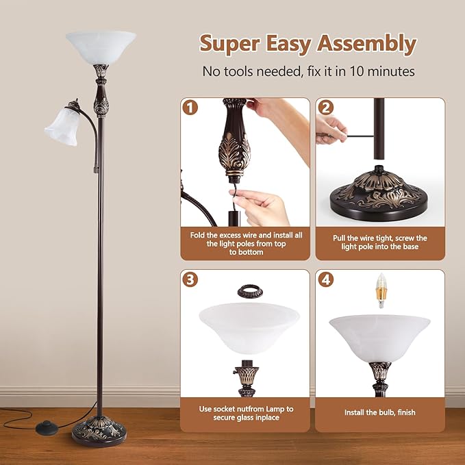 Torchiere Floor Lamps for Living Room & Bedroom, 71" Vintage Victorian Floor lamp with Reading Light, Tall Corner Standing Farmhouse Lamp for with Glass Shade Home Office Decor, Bronze