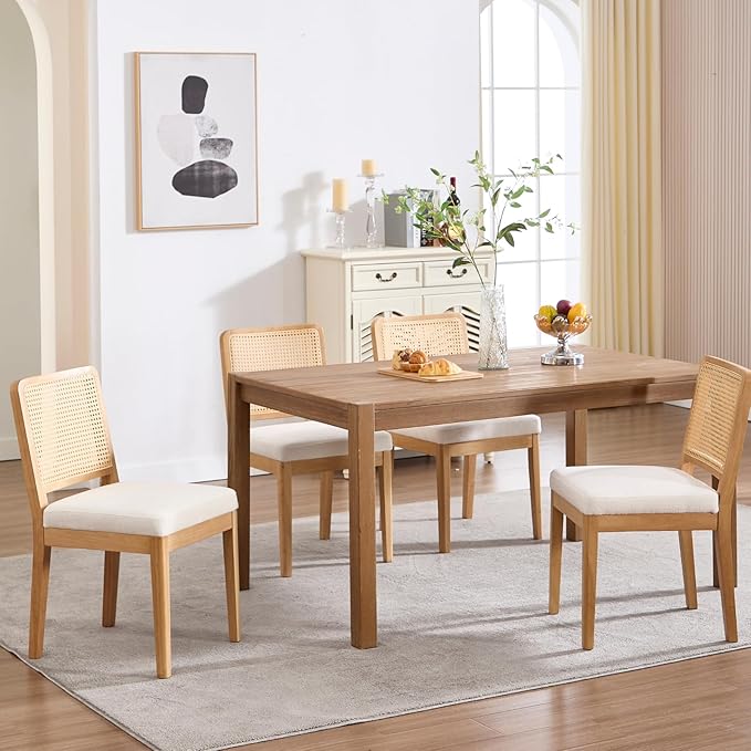 LukeAlon Farmhouse Rattan Dining Chairs Set of 6, Mid Century Modern Chenille Kitchen & Dining Chairs with Solid Wood Legs, Woven Cane Upholstered Kitchen Chairs Side Chairs for Dining Room, White