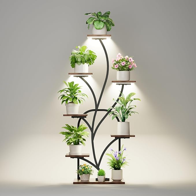 plant stand indoor with grow lights - 51" tall plant stand, corner plant shelf for indoor plants, 8 Tiered Lighted Flower holder, vase-shaped plant rack for living room, hallway, home décor