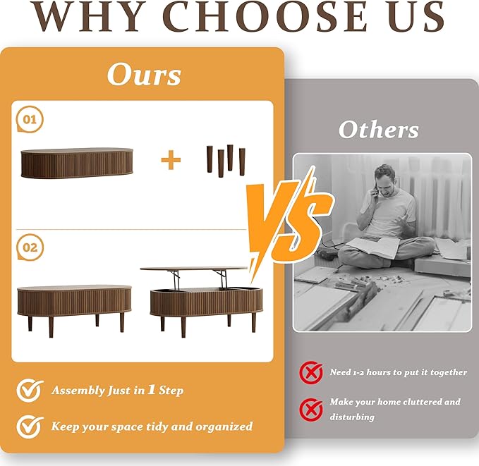 EAG Fluted Lift Top Coffee Table with Hidden Compartment, 39 Inch Modern Oval Coffee Table with 3 Storage, Fully Wooden Assembled Center Table for Living Room, Office, Walnut