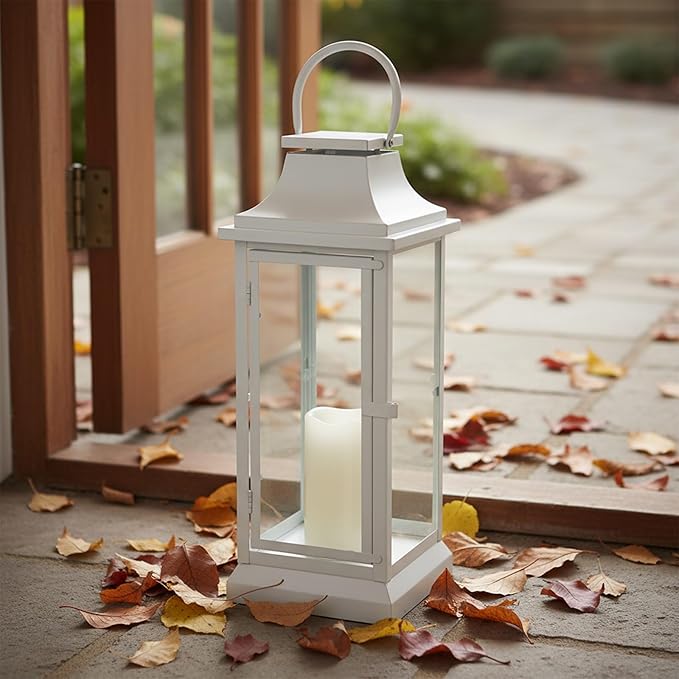 Nuogo 25 Inch Large Metal Lanterns with Glass Panels White Hanging Vintage for Table Porch Home Party Decor Gift Indoor Outdoor, Candle Not Includes