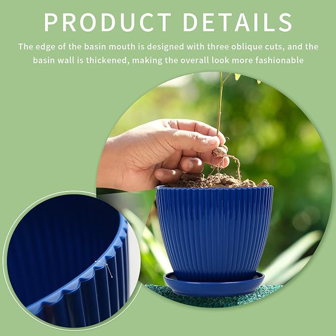 Plant Pots Indoor with Saucers & Drainage - 6 Pack Flower Pots - Plastic Planters for Indoor Planter - 7.5/6.6/5.8/5.0/4.3/3.5 inches Sizes for All Different Types of Plants-Dark Blue