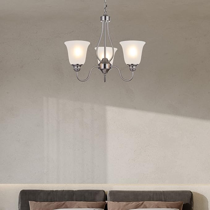 3 Light Chandelier with Brushed Nickel Finish, Classic Style Ceiling Light Fixture with Frosted Glass Shade for Meeting Room Dining Room Living Room Corridor, LED Bulb(not Include)