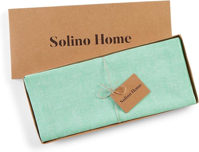 Solino Home Linen Table Runner 108 Inches Long - Athena, 100% Pure Linen Chambray Aqua Dining Table Runner 14 x 108 Inch