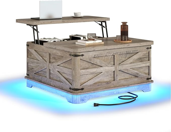 36" Farmhouse LED Lift Top Coffee Table with Storage and Power Outlets, Square Wood Living Room Tables with LED Lights & Large Hidden Space, Lift Wooden Barn Door Center Table, Grey