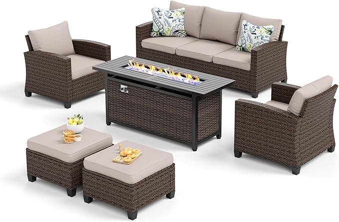 Patio Furniture Set Outdoor Furniture Brown Wicker Rattan Patio Conversation Sets with Cushion Outside Sofa Set,6 Pieces with Rectangular Firepit Table,7 Seats,Beige
