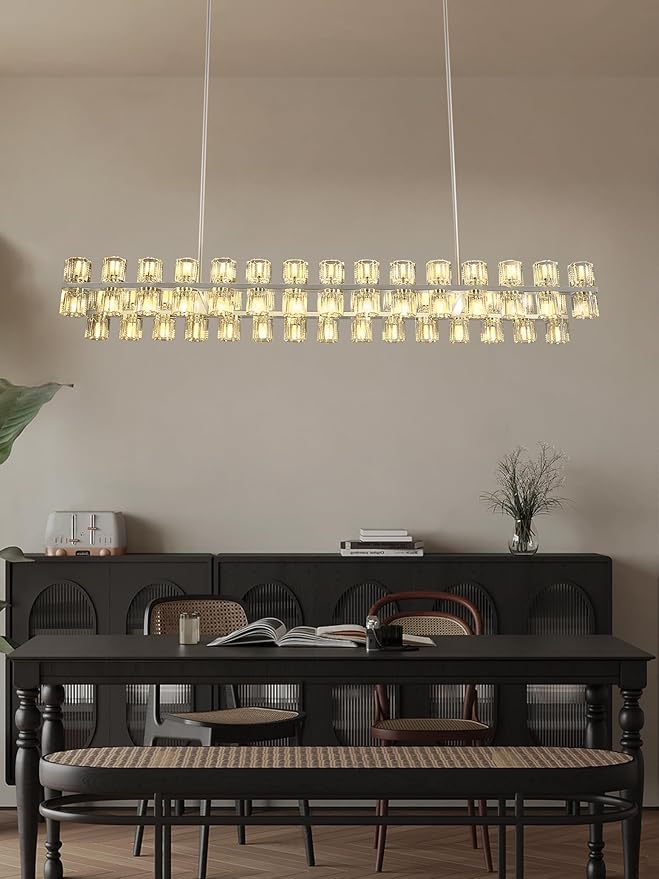Silver Rectangular Crystal Chandelier Light Fixture 54 in Dining Room Chandelier Over Table Modern Farmhouse Ceiling Pendant Hanging Light Fixture for Living Room, Kitchen Island