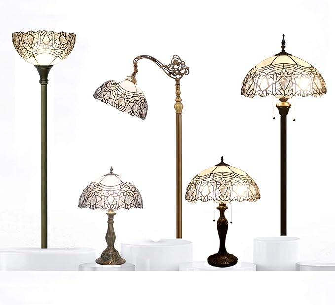 WERFACTORY Tiffany Floor Lamp White Crystal Stained Glass Light 12X12X71 Inches Pole Torchiere Standing Corner Torch Uplight Decor Bedroom Living Room Home Office S508W Series