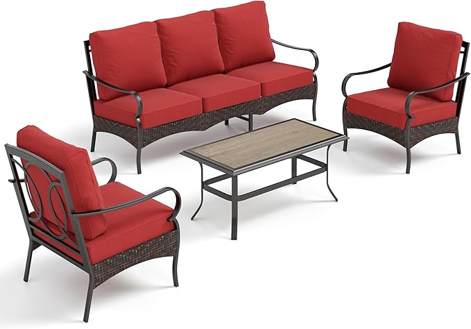 PHI VILLA Outdoor Modern Patio Furniture Set, Upgraded Wicker&Metal Patio Furniture Conversation Set with Waterproof Thick Cushions for Porch, Poolside, Deck, and Yard (4 Pieces,Red)