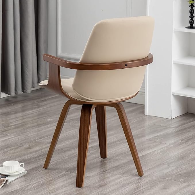 Dining Chairs Set of 2, Mid Century Modern Dining Chairs with Walnut Craftsmanship, Upholstered Faux Leather, Wooden Arms and Legs, Dining Chair with Arms for Kitchen/Living Room (Beige, Swivel)